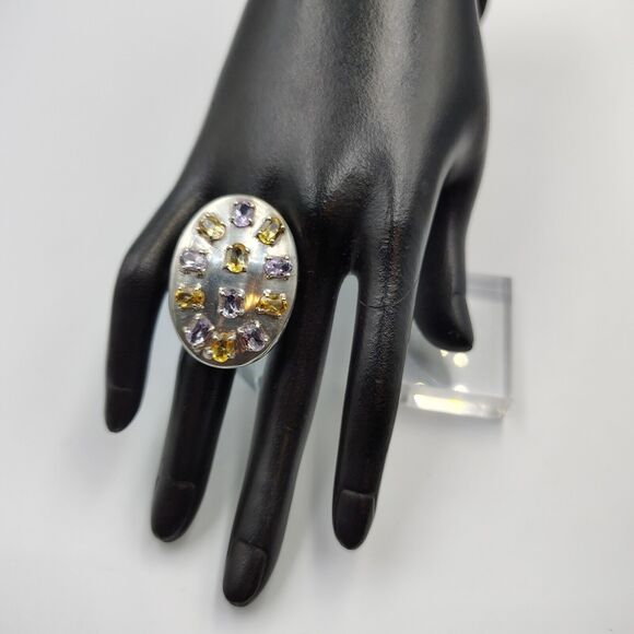Sterling Silver 925 Amethyst Citrine Statement Oval Shield Shape Ring Sz 8 - Picture 4 of 16